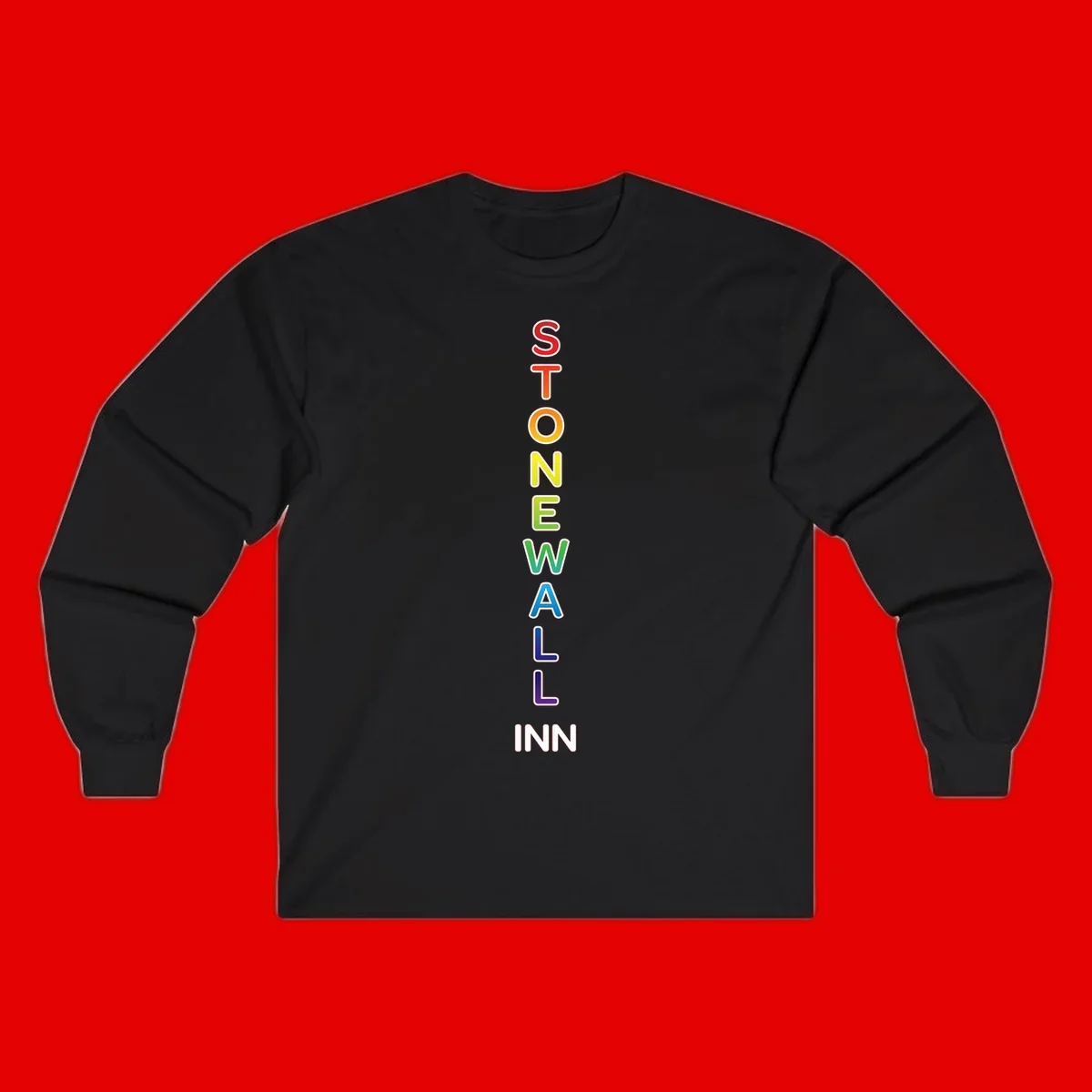 Stonewall Inn pride design with vertical rainbow letters spelling out the iconic venue name in red, orange, yellow, green, teal, blue, and purple.