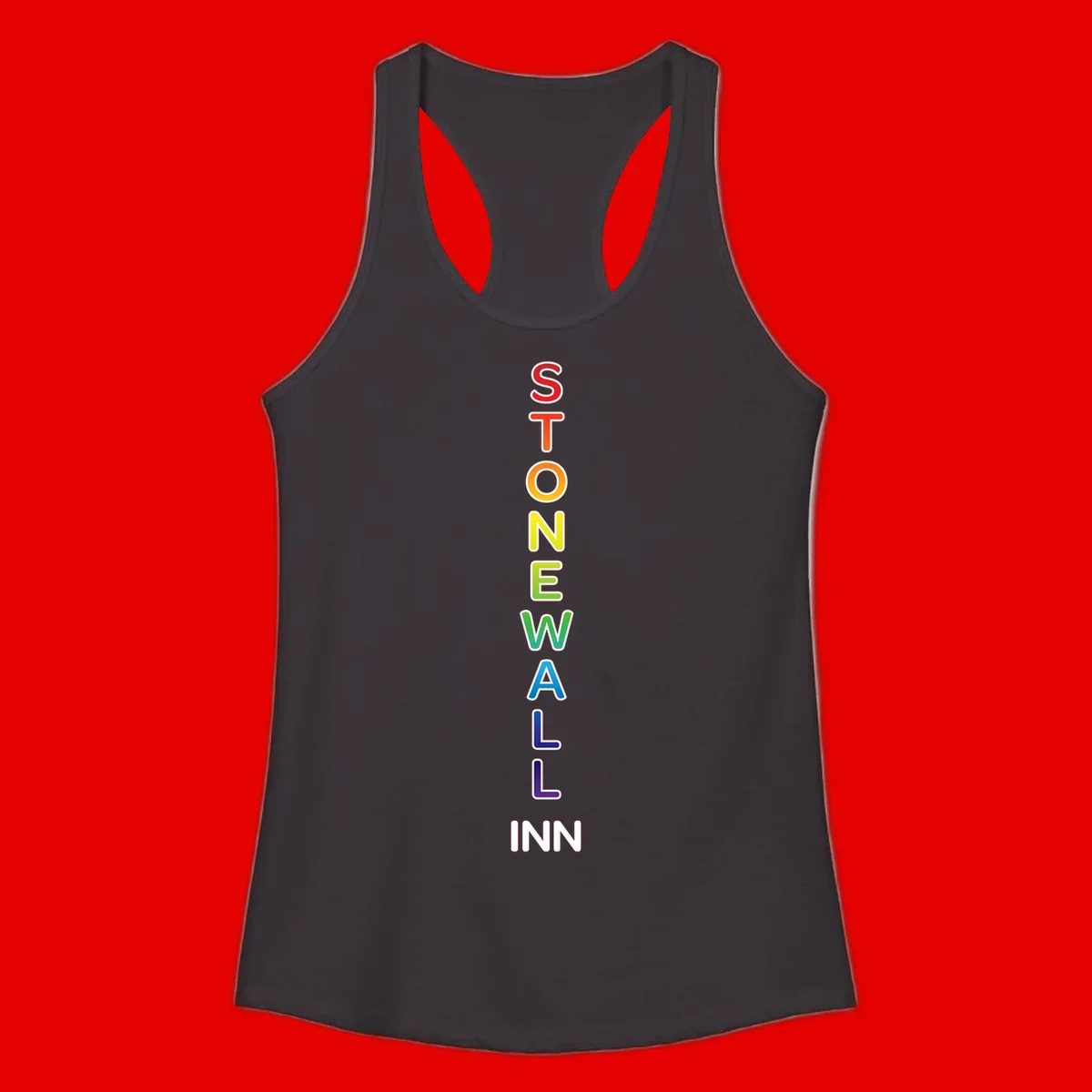 Stonewall Inn pride design with vertical rainbow letters spelling out the iconic venue name in red, orange, yellow, green, teal, blue, and purple.