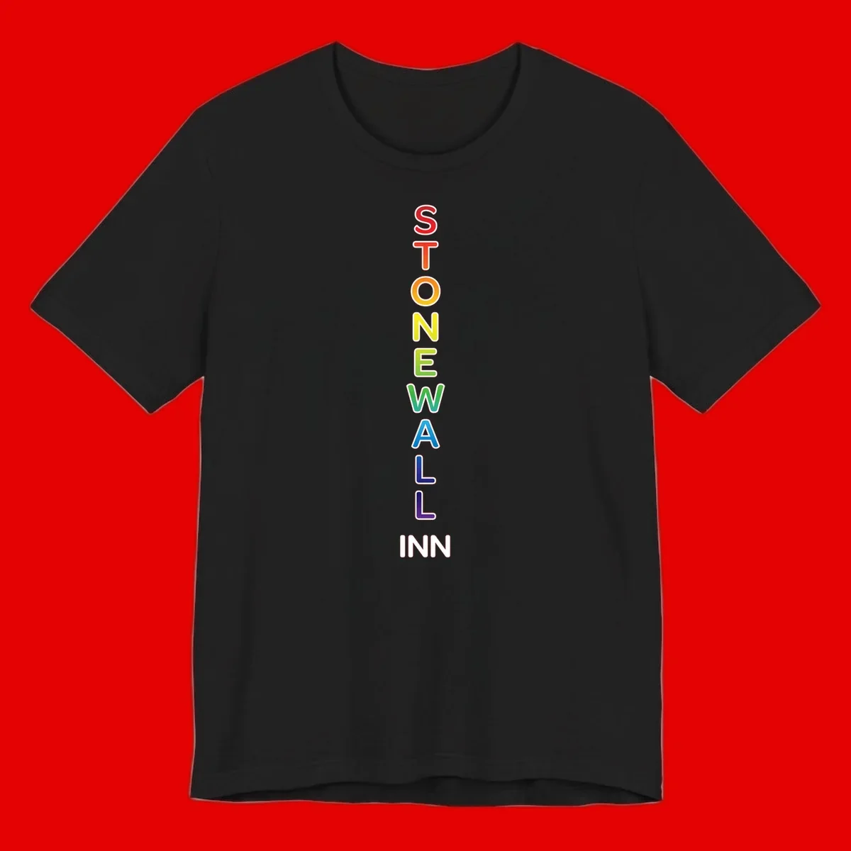 Stonewall Inn pride design with vertical rainbow letters spelling out the iconic venue name in red, orange, yellow, green, teal, blue, and purple.