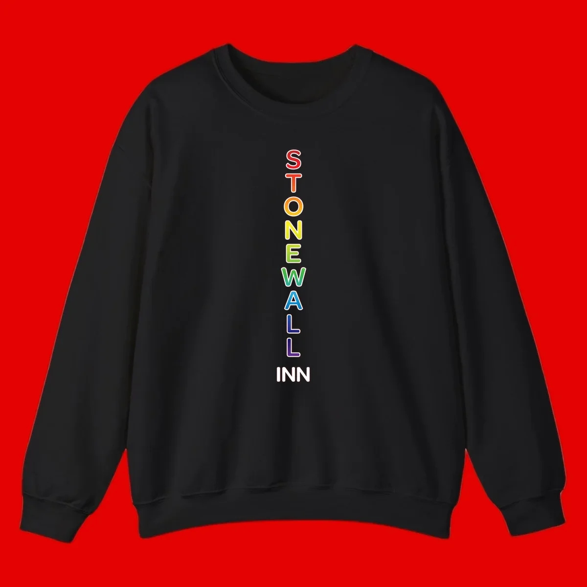Stonewall Inn pride design with vertical rainbow letters spelling out the iconic venue name in red, orange, yellow, green, teal, blue, and purple.
