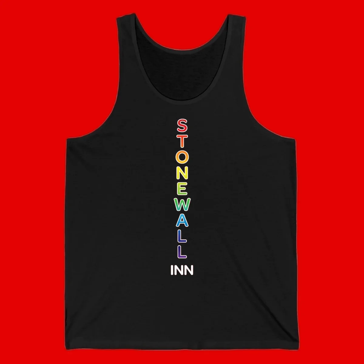 Stonewall Inn pride design with vertical rainbow letters spelling out the iconic venue name in red, orange, yellow, green, teal, blue, and purple.