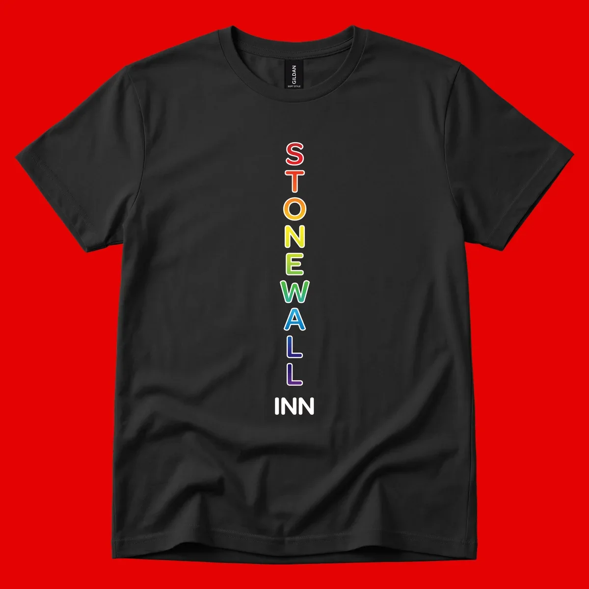 Stonewall Inn pride design with vertical rainbow letters spelling out the iconic venue name in red, orange, yellow, green, teal, blue, and purple.