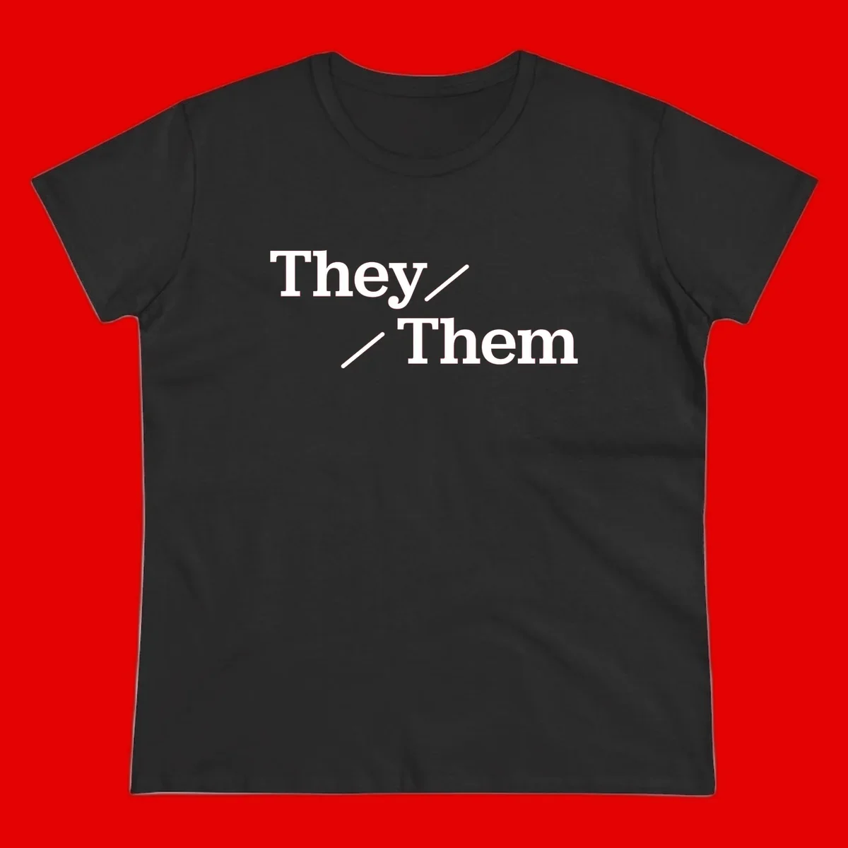 Minimalist design with white text reading 'They / Them' on gray background, celebrating gender-inclusive pronouns