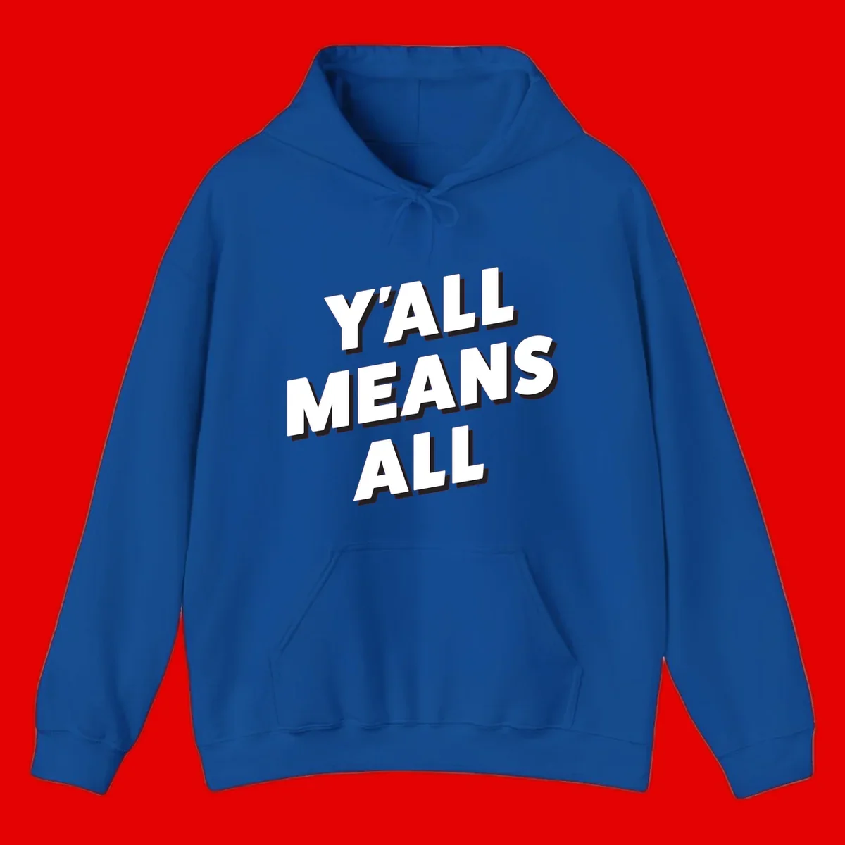 Bold 3D typography design reading 'Y'ALL MEANS ALL' in white letters with black shadow effect, promoting inclusivity and belonging