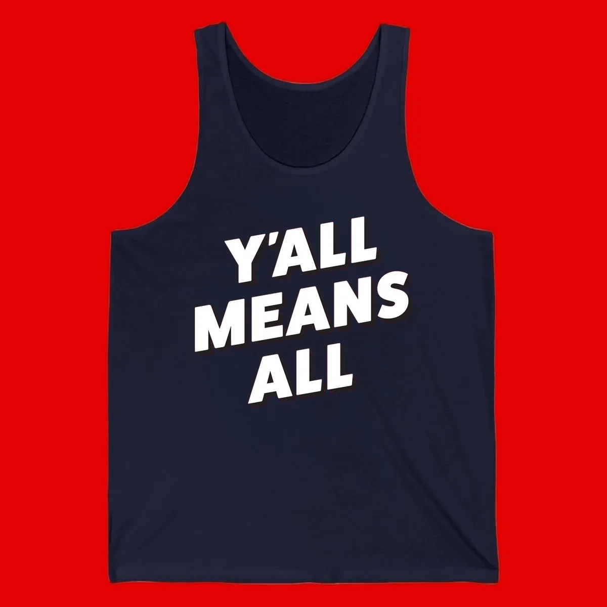 Bold 3D typography design reading 'Y'ALL MEANS ALL' in white letters with black shadow effect, promoting inclusivity and belonging