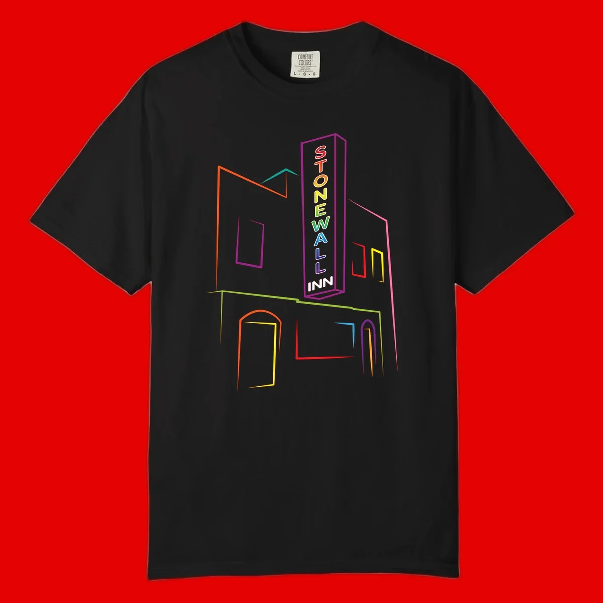 Stonewall Inn neon sign illustration in rainbow colors with building outline and colorful window frames