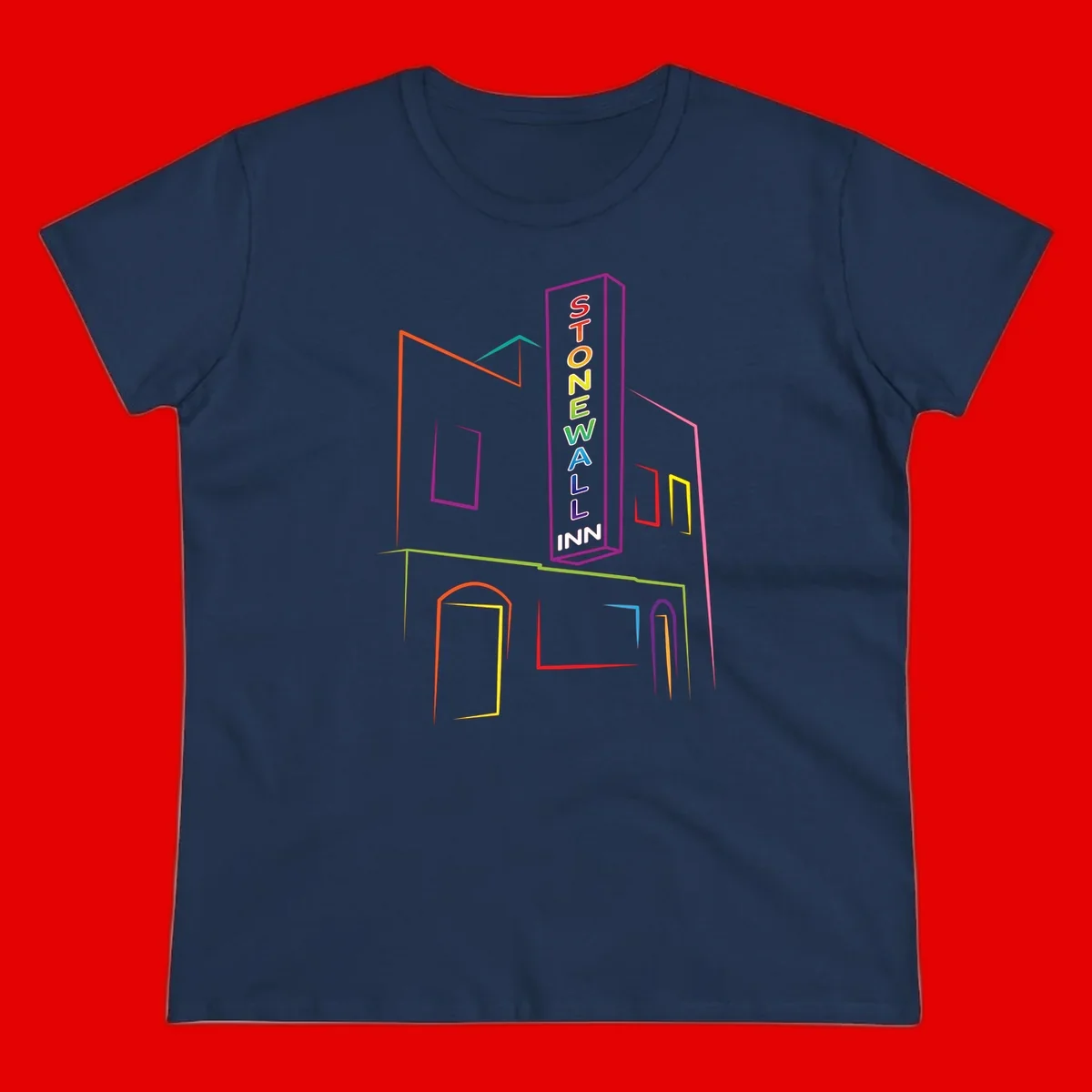 Stonewall Inn neon sign illustration in rainbow colors with building outline and colorful window frames
