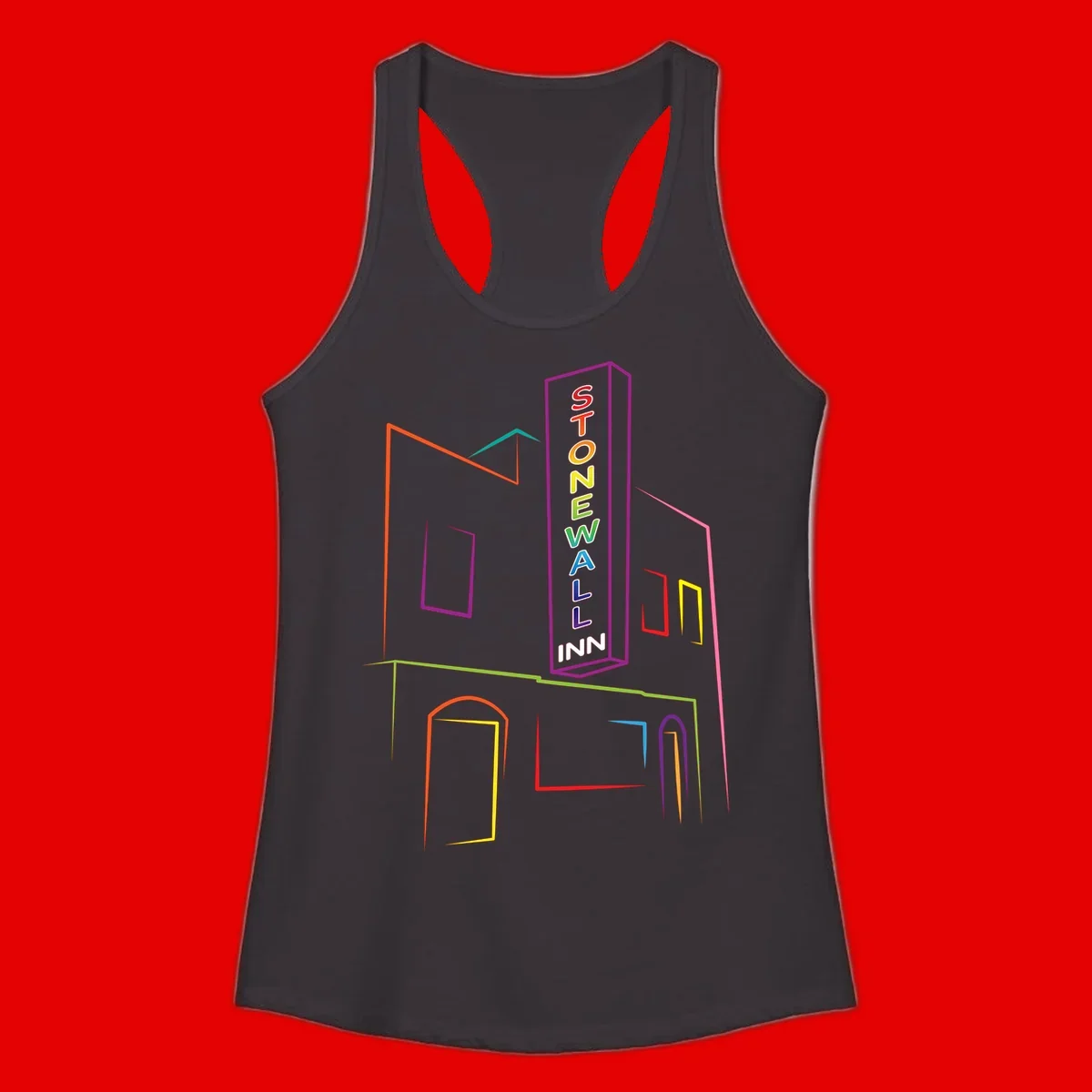 Stonewall Inn neon sign illustration in rainbow colors with building outline and colorful window frames
