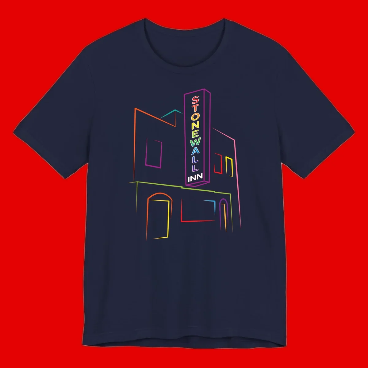 Stonewall Inn neon sign illustration in rainbow colors with building outline and colorful window frames
