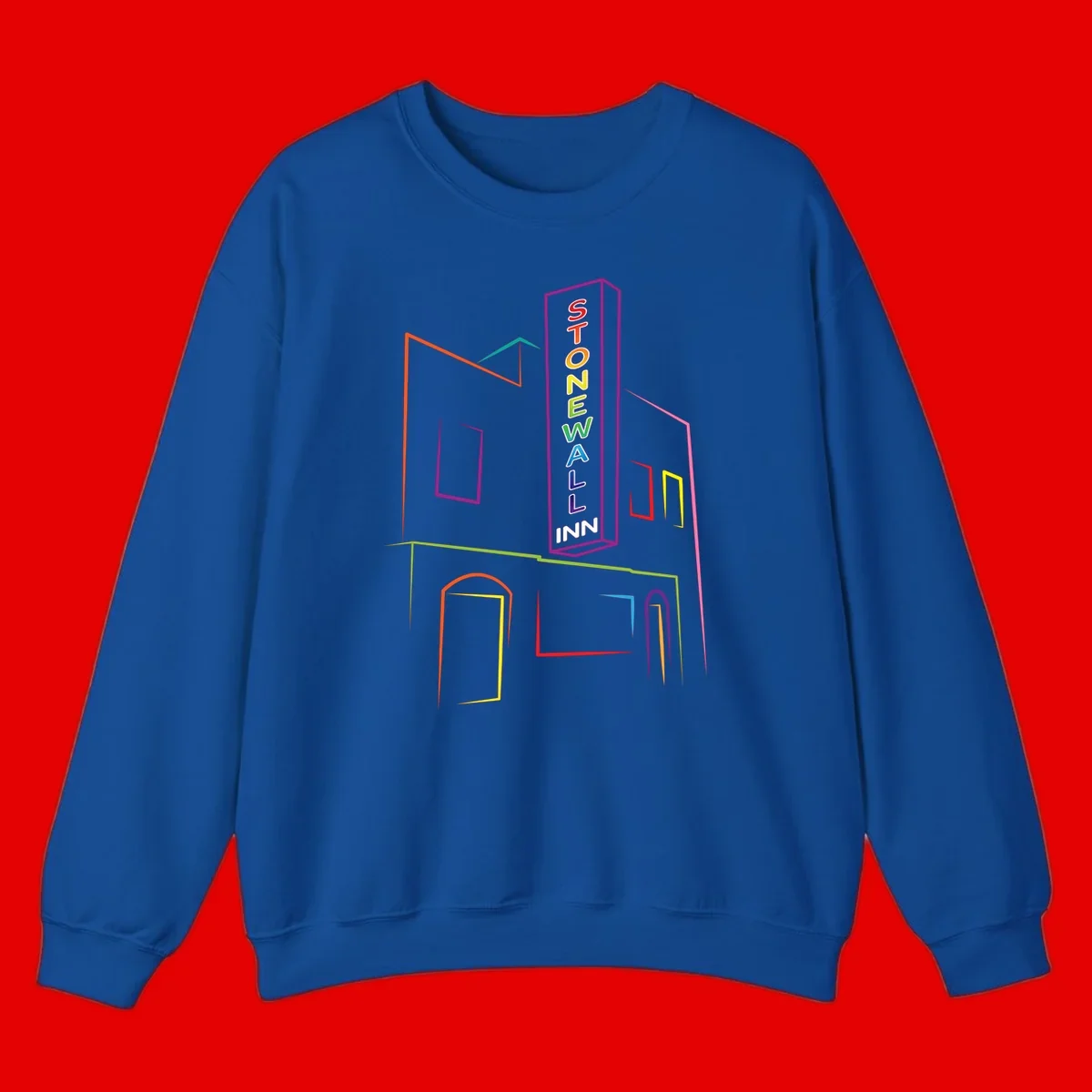 Stonewall Inn neon sign illustration in rainbow colors with building outline and colorful window frames