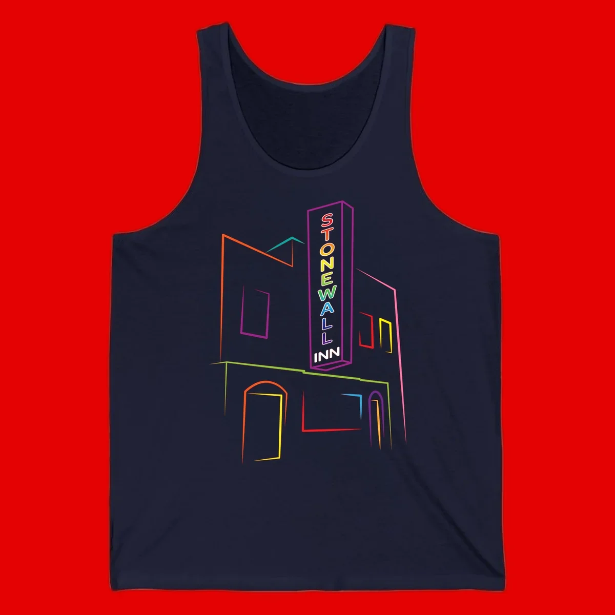 Stonewall Inn neon sign illustration in rainbow colors with building outline and colorful window frames