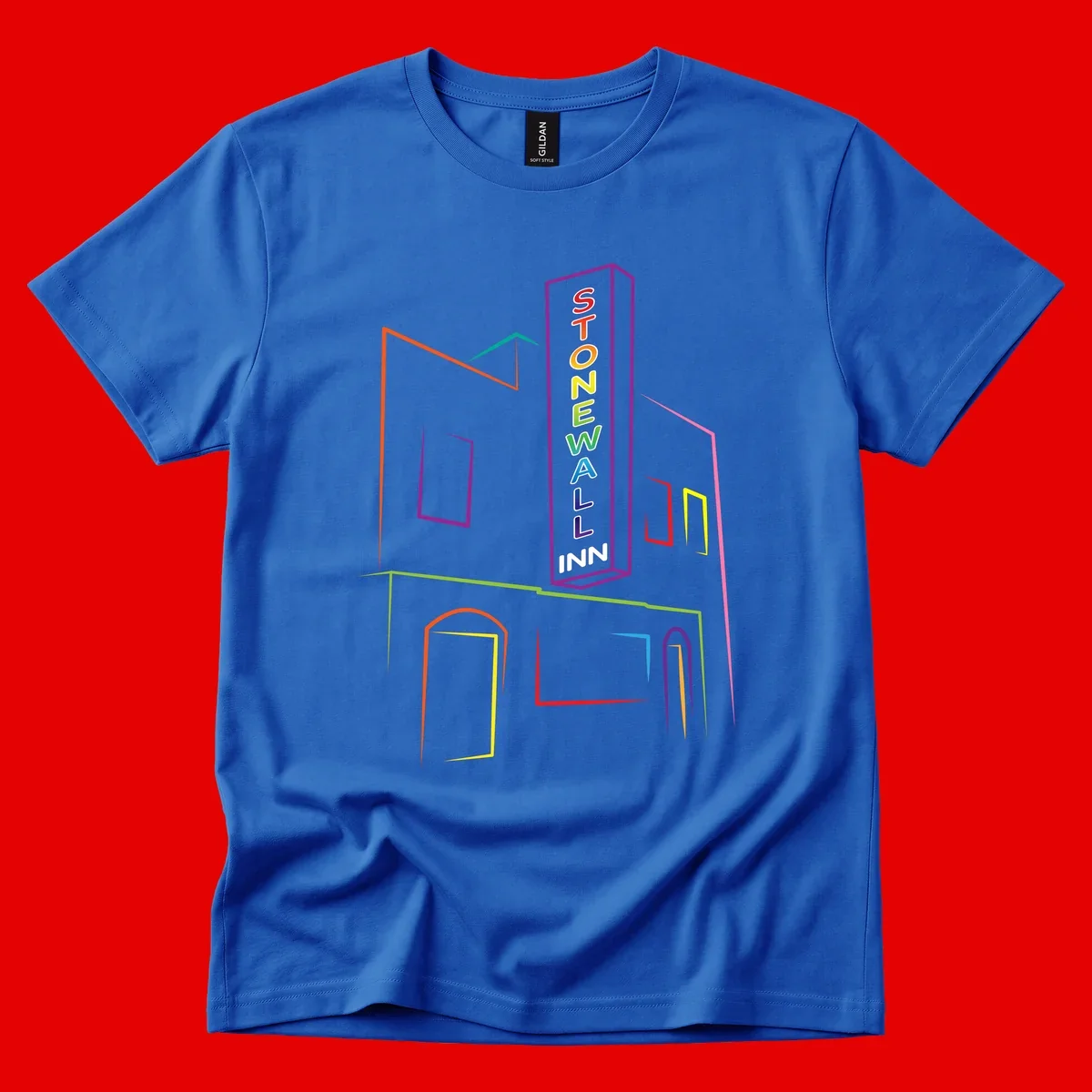 Stonewall Inn neon sign illustration in rainbow colors with building outline and colorful window frames
