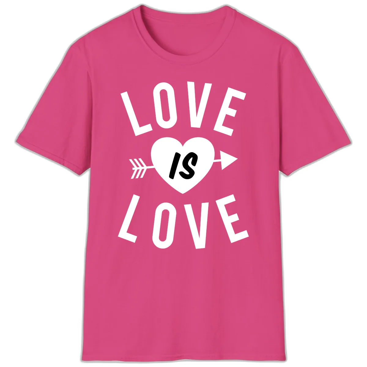 Love Is Love Arrow Heart Design T-Shirt in Heliconia