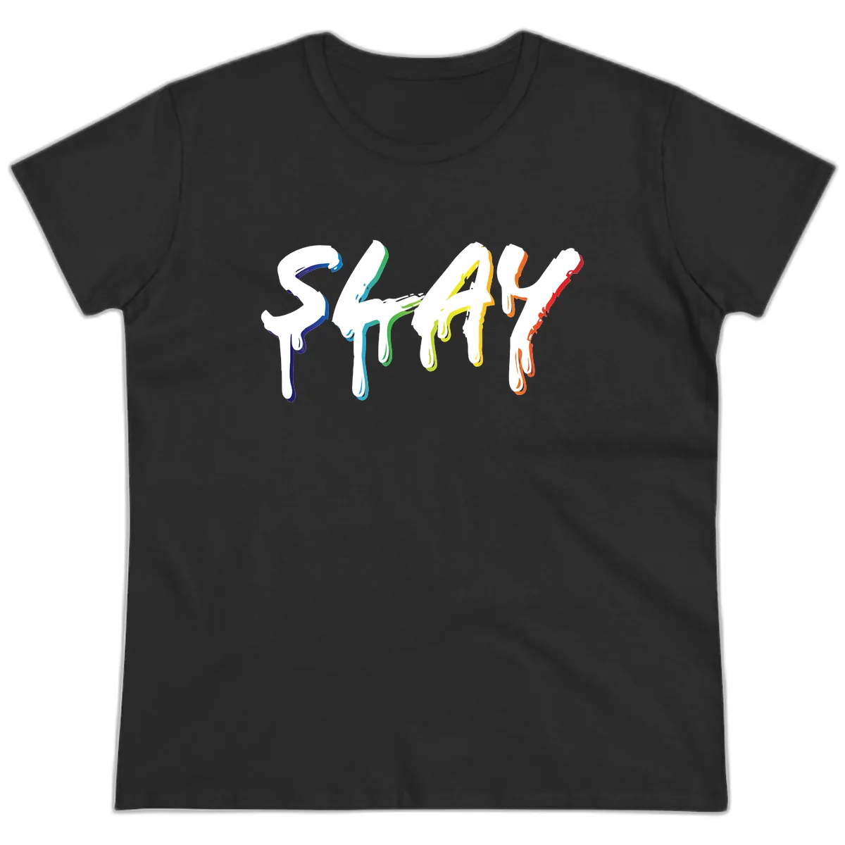 Stay Pride Rainbow Typography Ladies Tee in Black