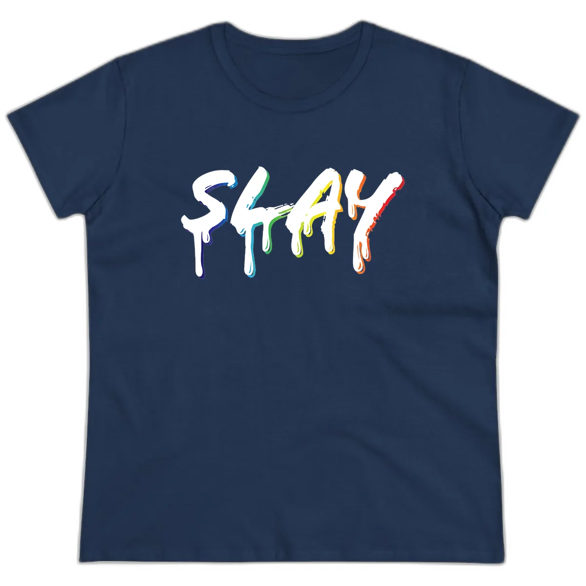 Stay Pride Rainbow Typography Ladies Tee in Navy