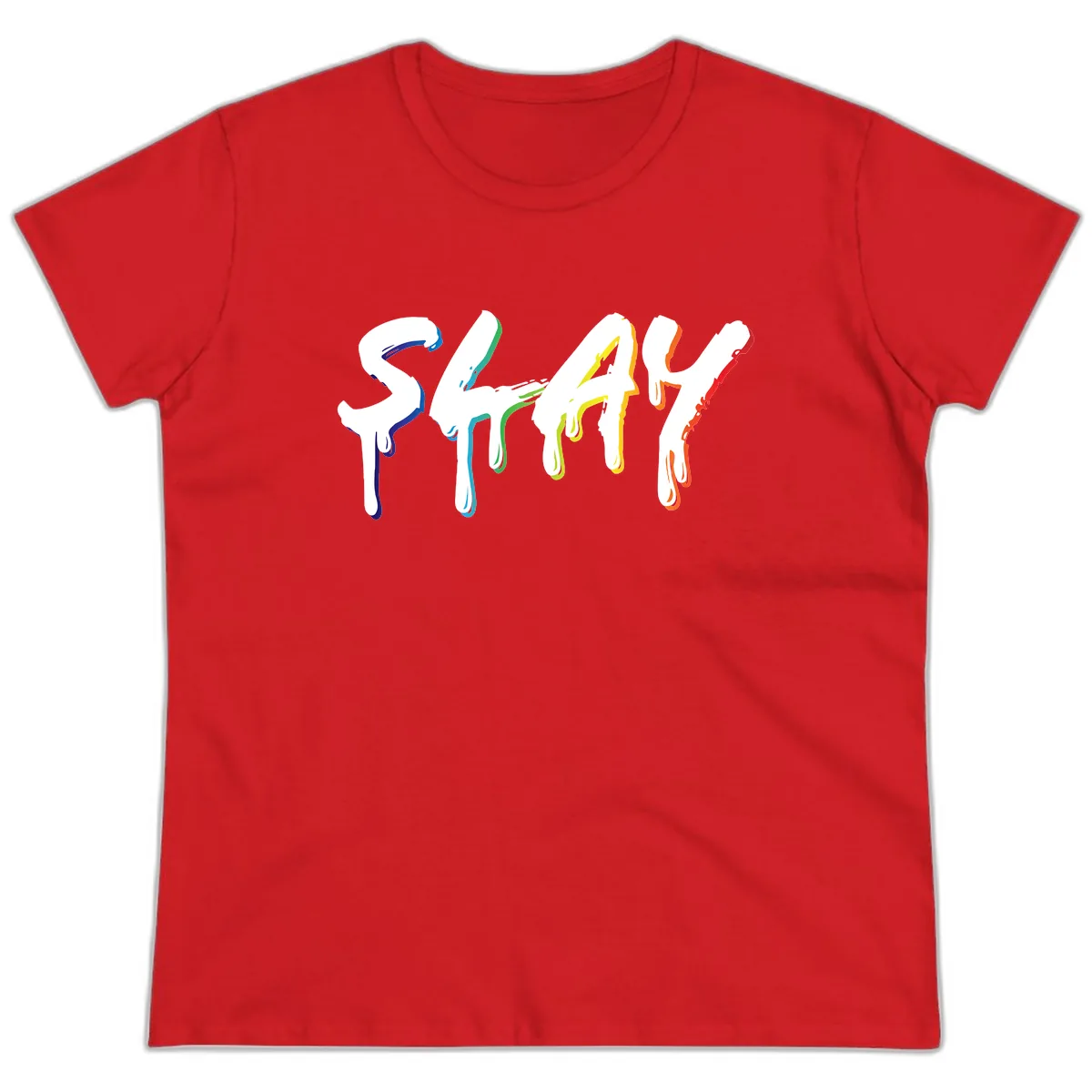 Stay Pride Rainbow Typography Ladies Tee in Red