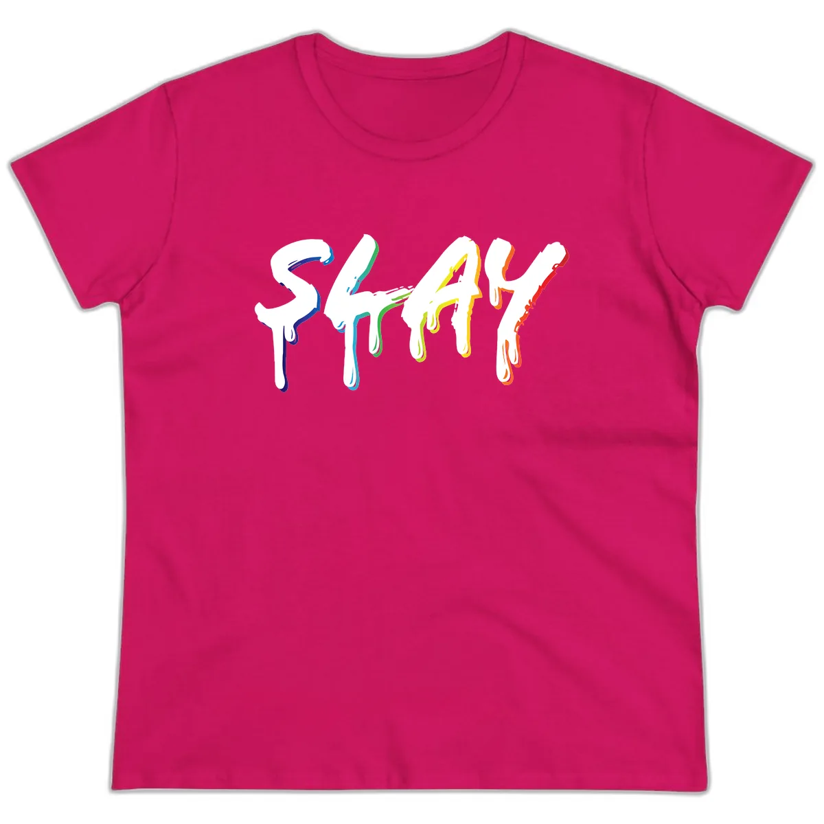 Stay Pride Rainbow Typography Ladies Tee in Heliconia