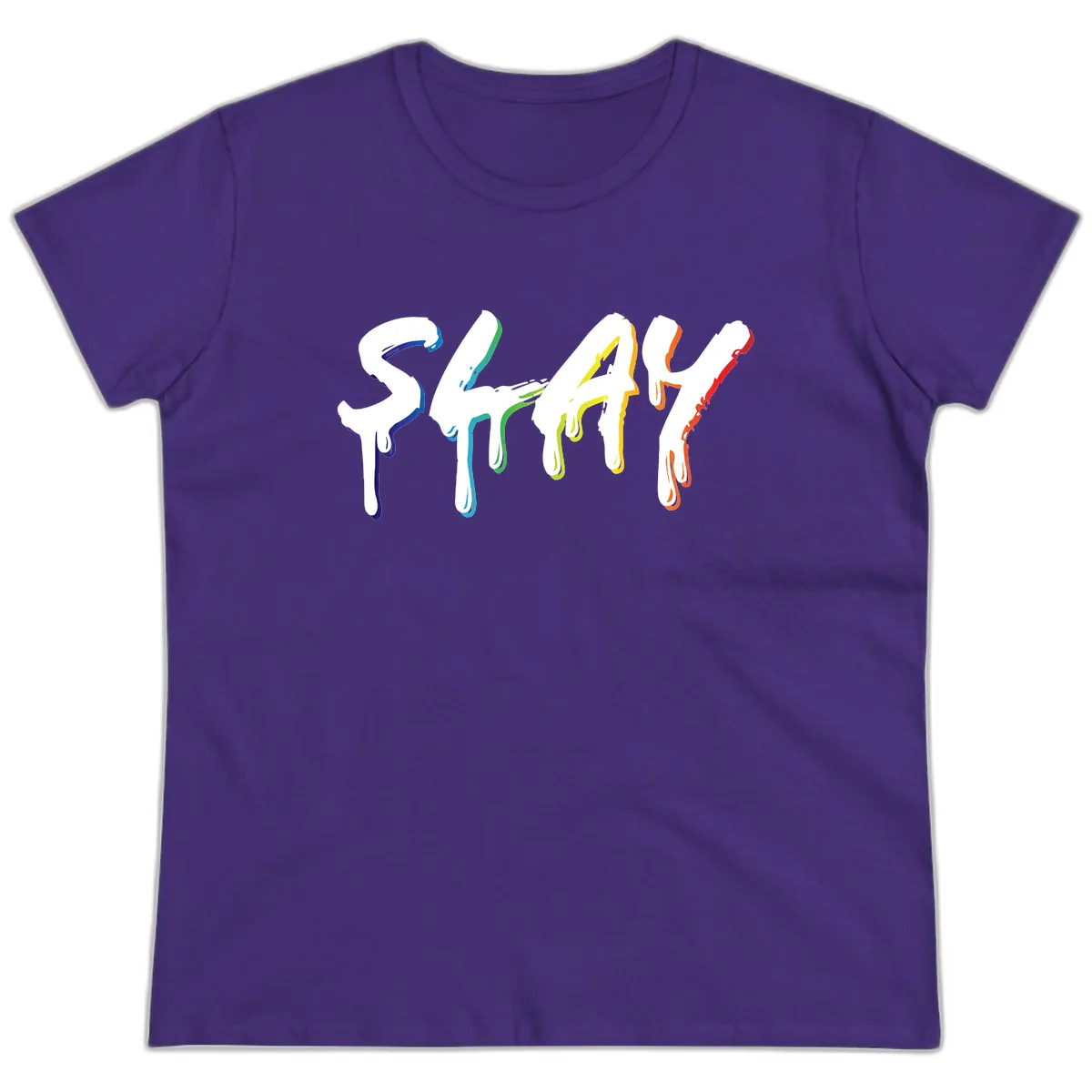 Stay Pride Rainbow Typography Ladies Tee in Purple