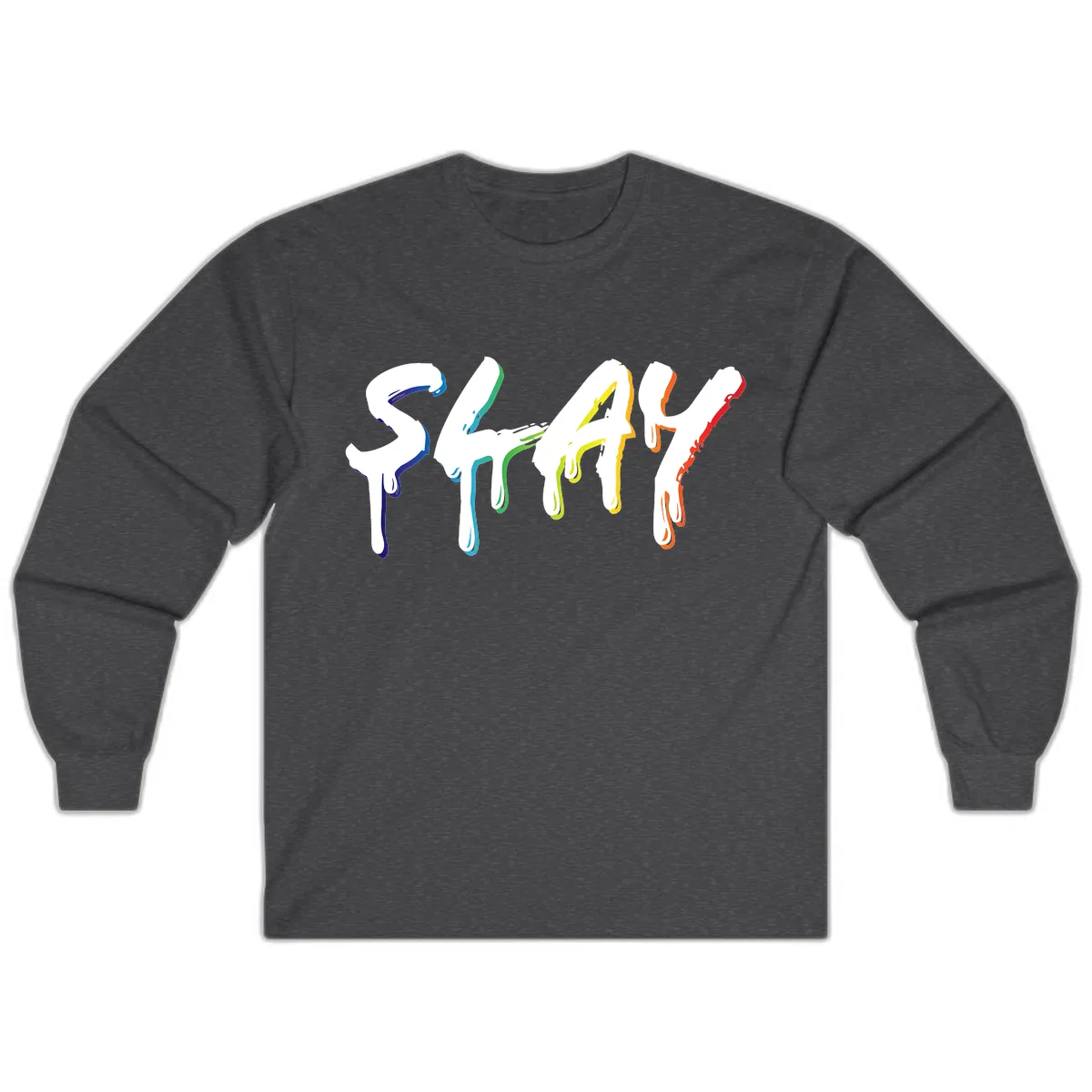 Stay Pride Rainbow Typography Long Sleeve in Dark Heather