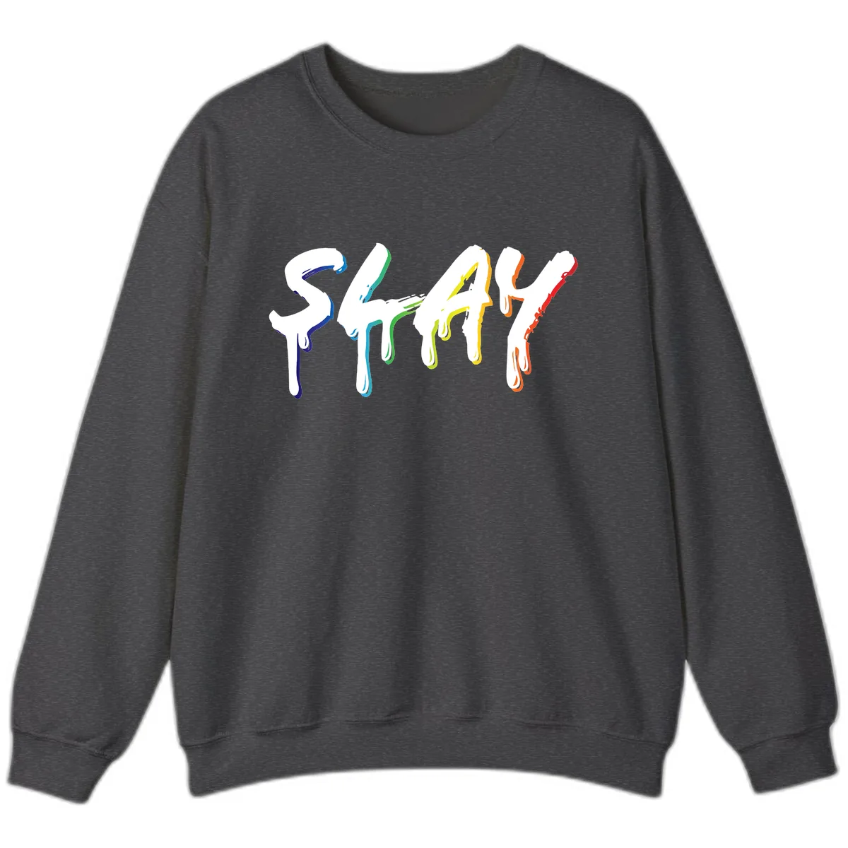 Stay Pride Rainbow Typography Sweatshirt in Dark Heather