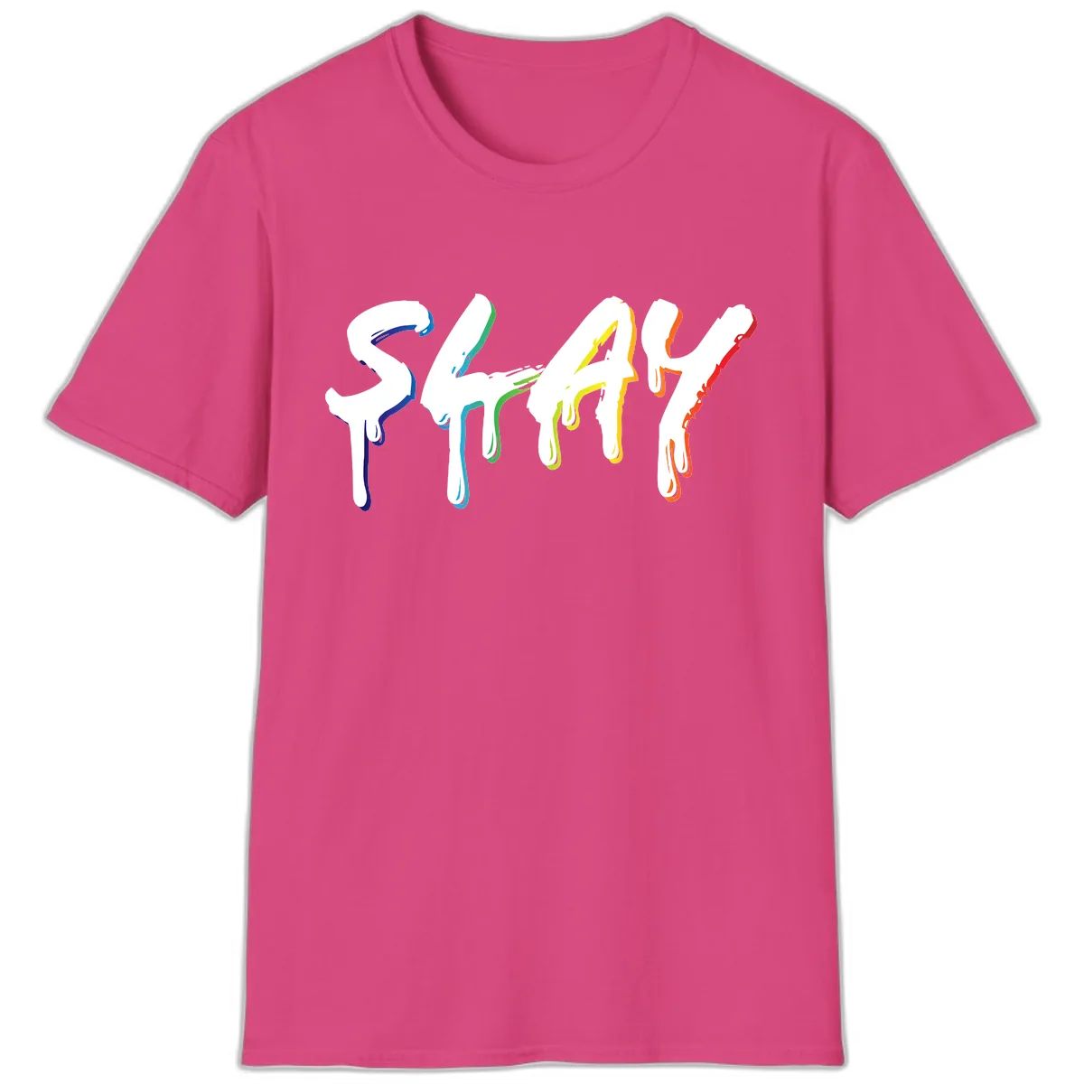 Stay Pride Rainbow Typography T-Shirt in Heliconia