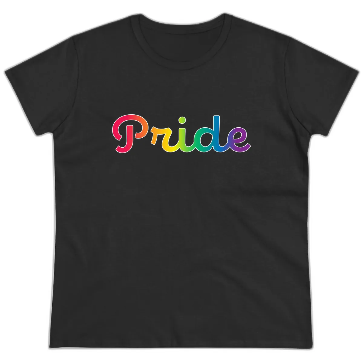 Pride Rainbow Gradient Typography Ladies Tee in Black
