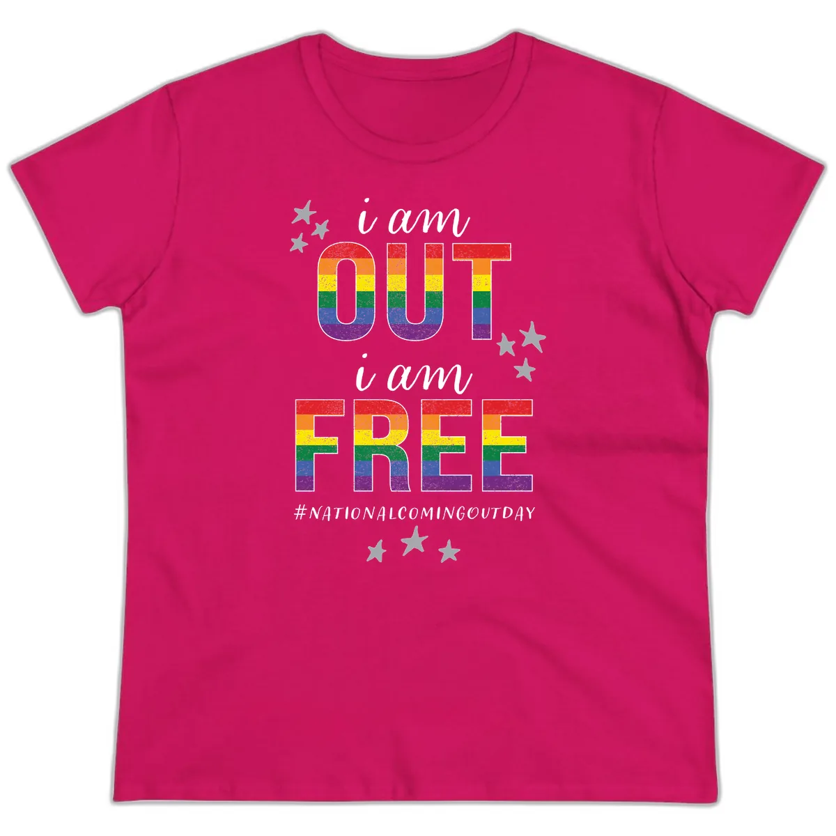 Out and Free Pride Affirmation Ladies Tee in Heliconia