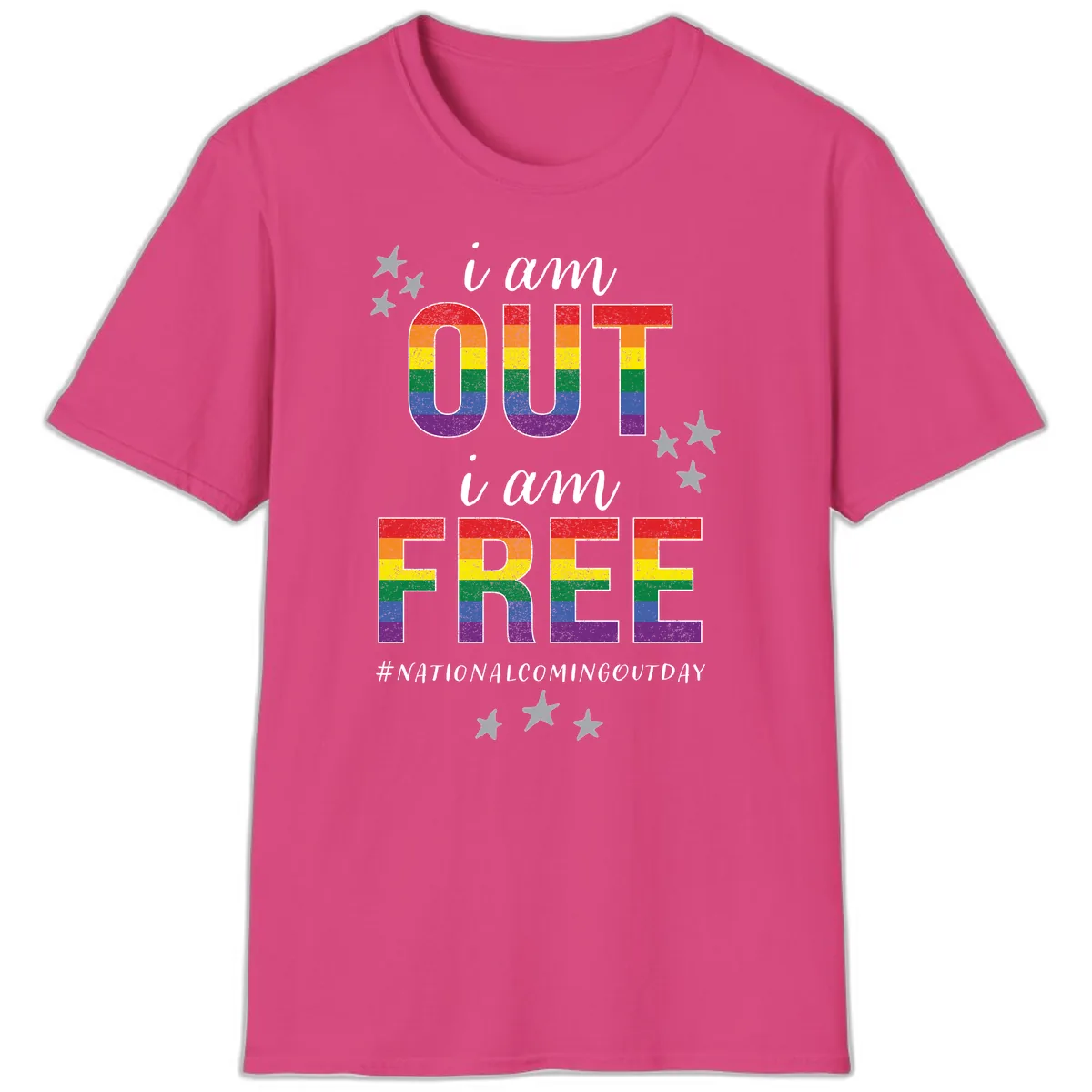 Out and Free Pride Affirmation T-Shirt in Heliconia