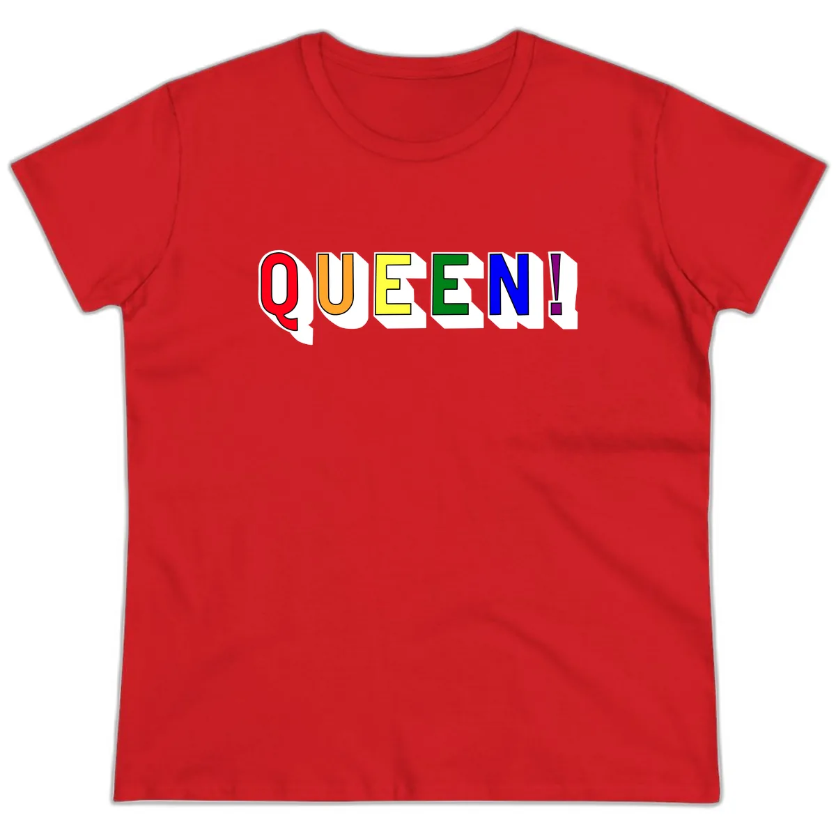 Queen Exclamation Pride Rainbow Ladies Tee in Red