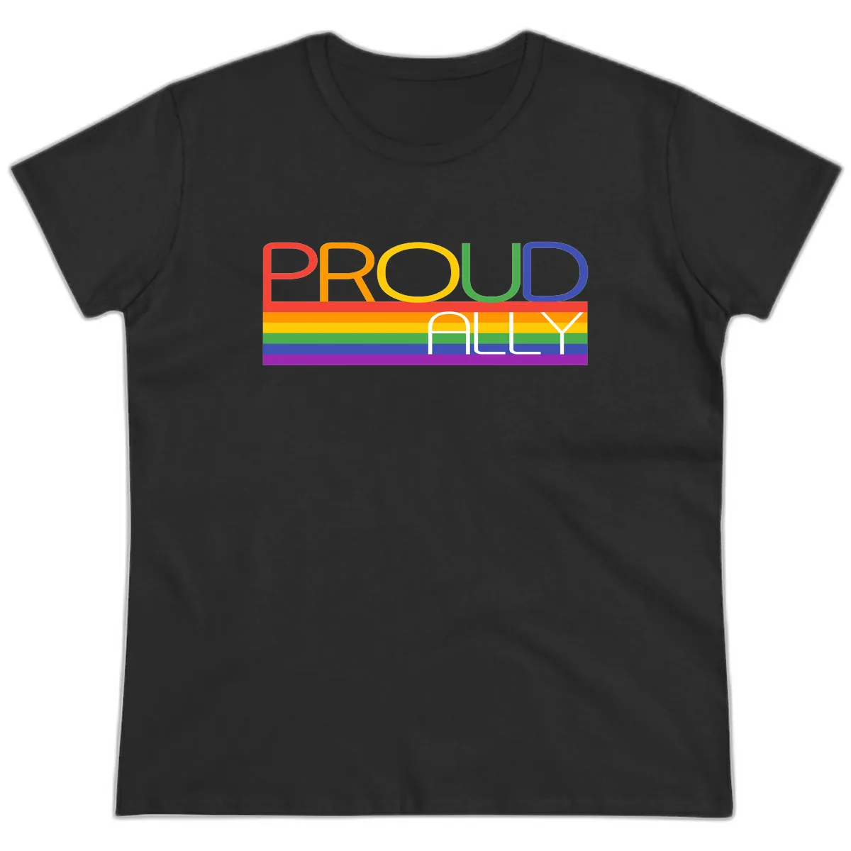 Proud Ally Rainbow Pride Design Ladies Tee in Black