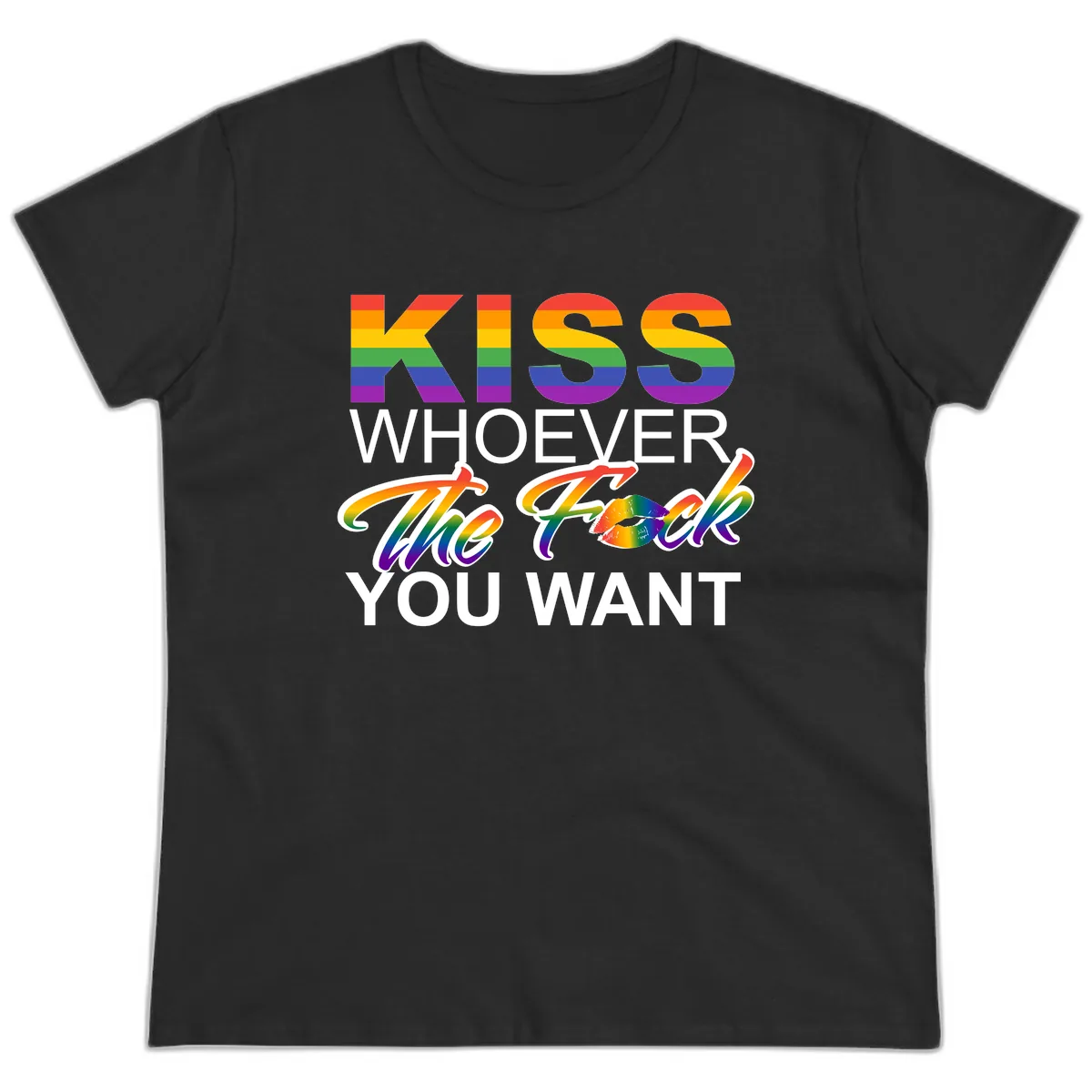 Kiss Whoever You Want Pride Ladies Tee in Black