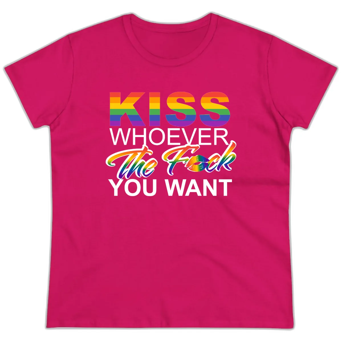 Kiss Whoever You Want Pride Ladies Tee in Heliconia
