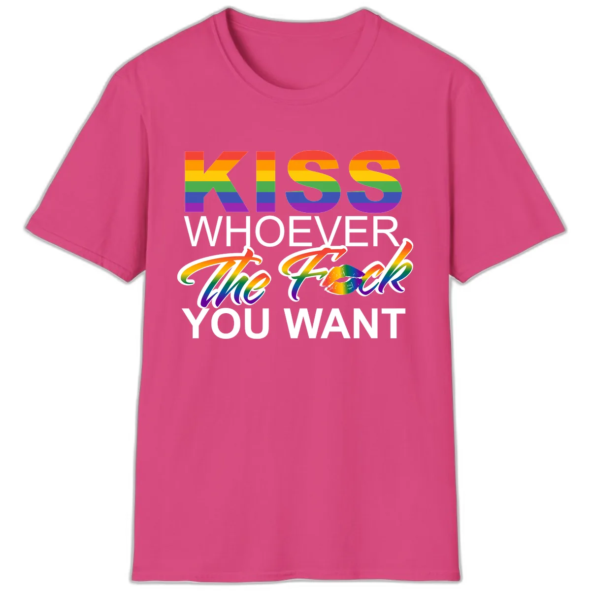 Kiss Whoever You Want Pride T-Shirt in Heliconia