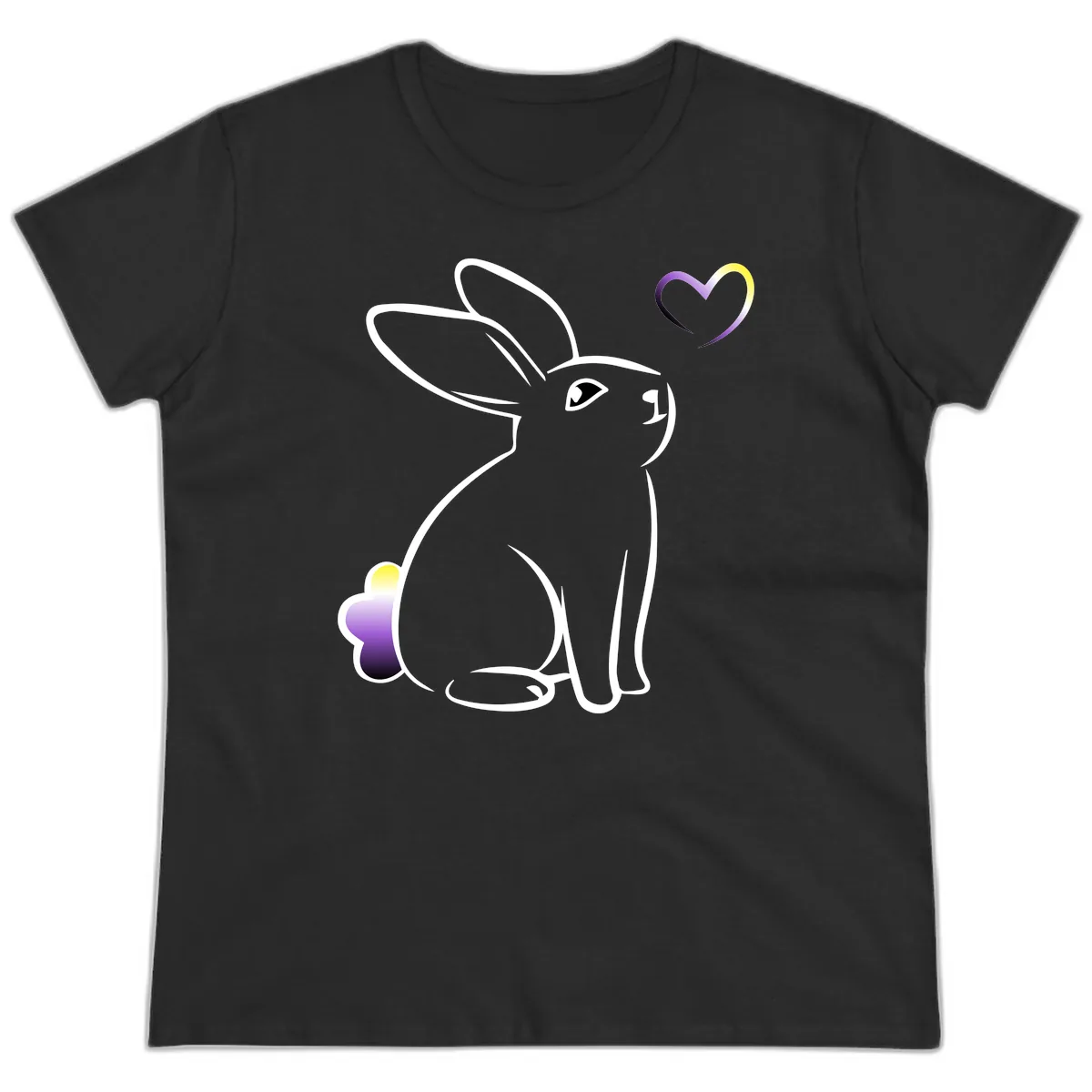 Rainbow Bunny Love Heart Ladies Tee in Black