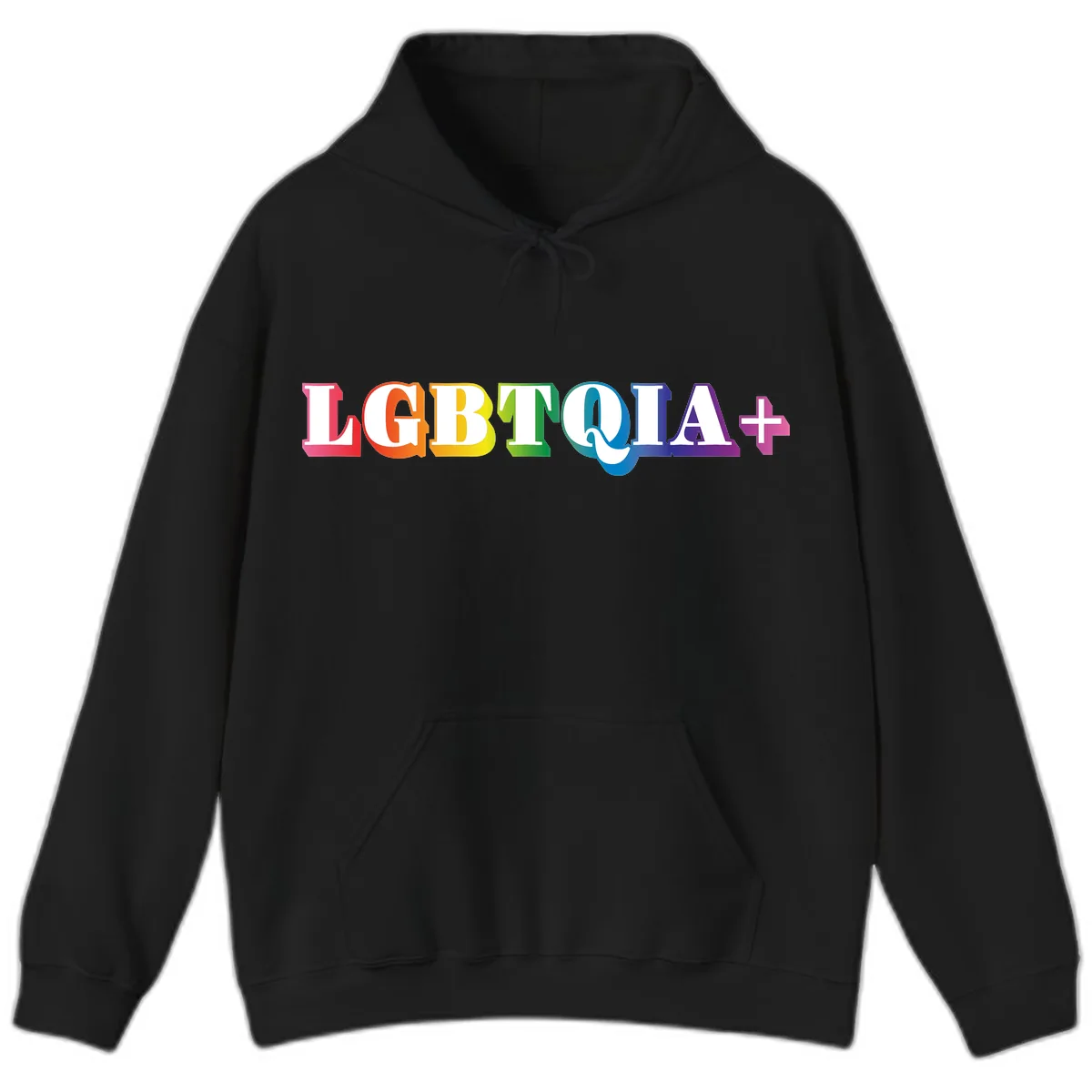 LGBTQIA Plus Pride Rainbow Text Hoodie in Black