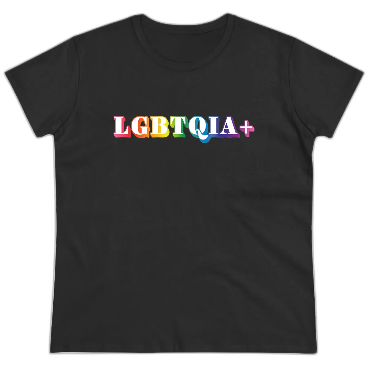 LGBTQIA Plus Pride Rainbow Text Ladies Tee in Black