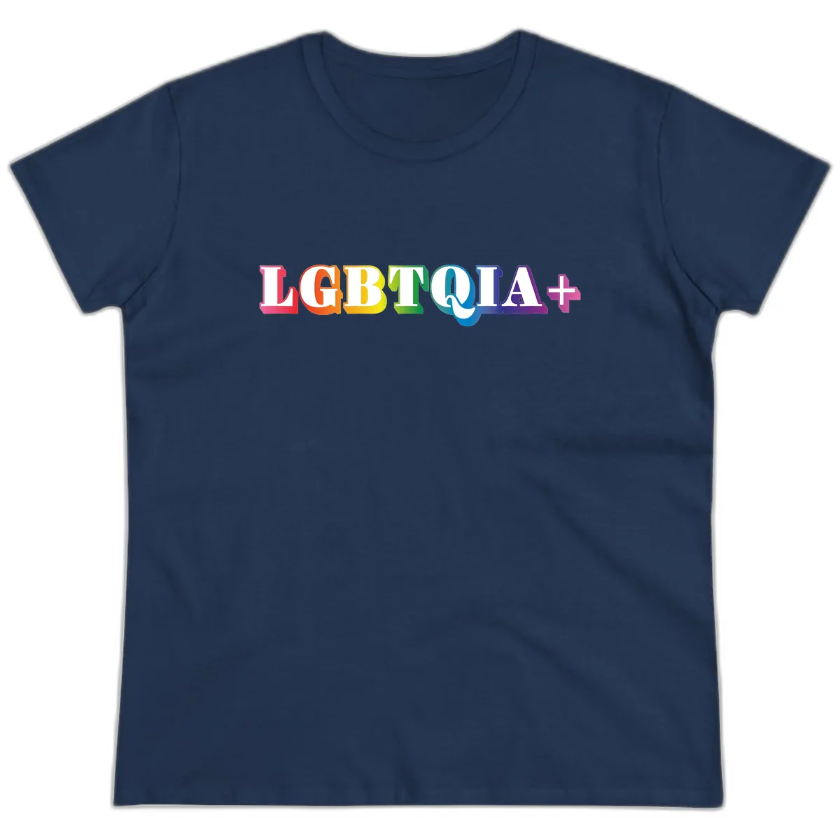 LGBTQIA Plus Pride Rainbow Text Ladies Tee in Navy