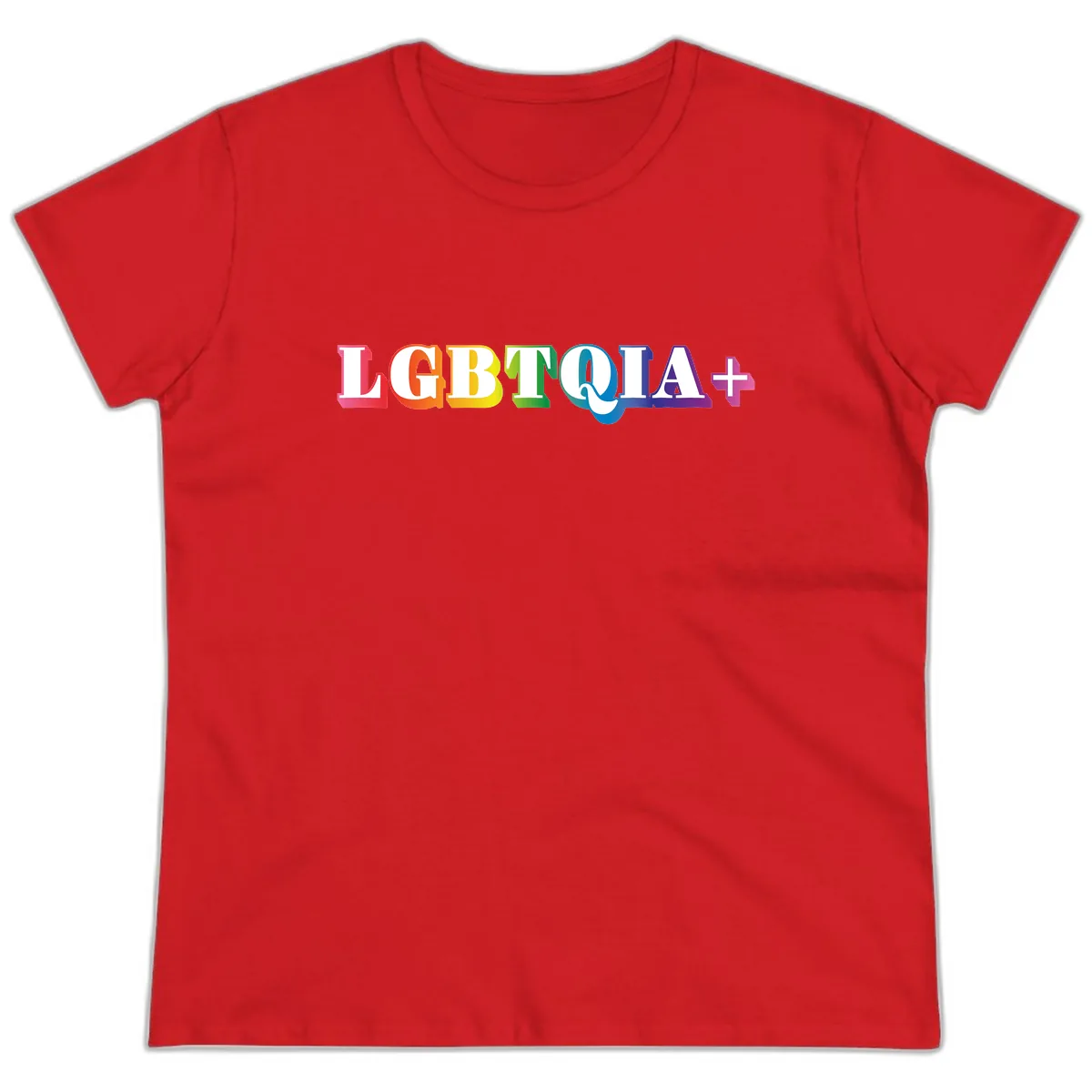 LGBTQIA Plus Pride Rainbow Text Ladies Tee in Red
