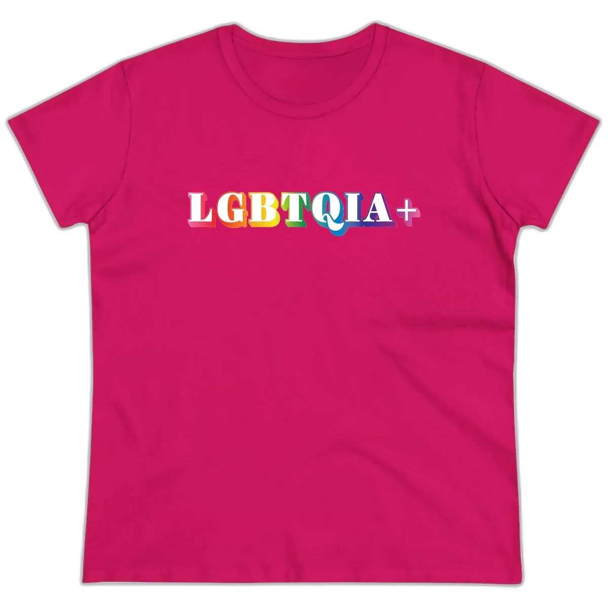 LGBTQIA Plus Pride Rainbow Text Ladies Tee in Heliconia