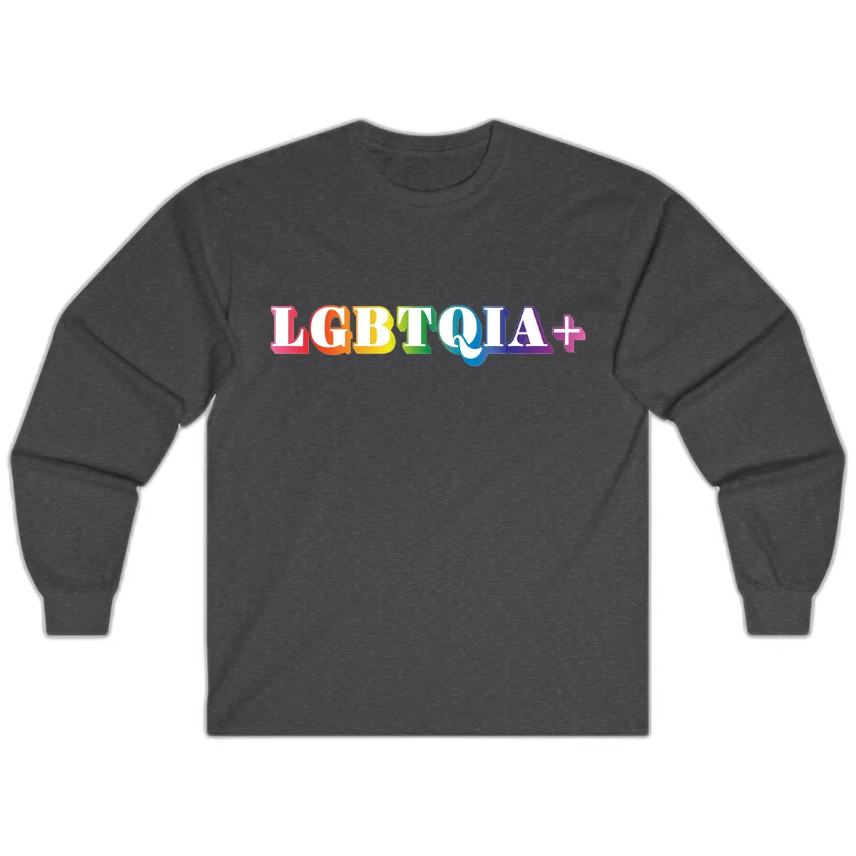 LGBTQIA Plus Pride Rainbow Text Long Sleeve in Dark Heather
