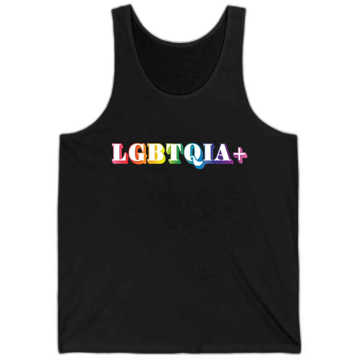 LGBTQIA Plus Pride Rainbow Text Tank in Black