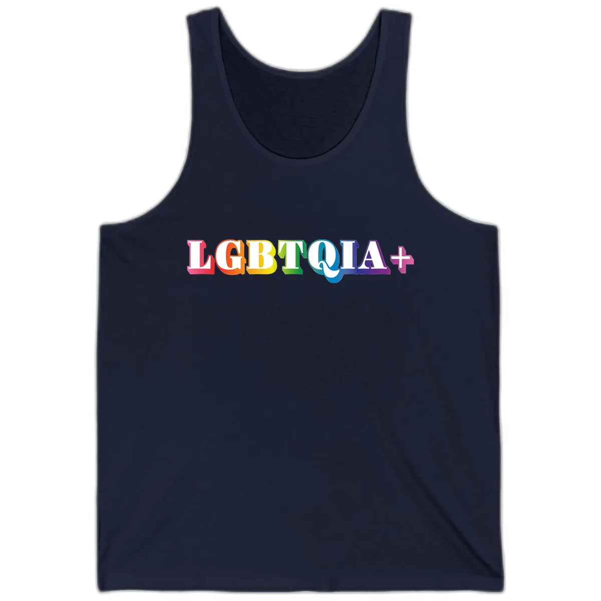 LGBTQIA Plus Pride Rainbow Text Tank in Navy