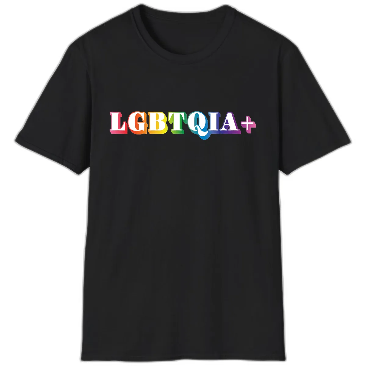 LGBTQIA Plus Pride Rainbow Text T-Shirt in Black