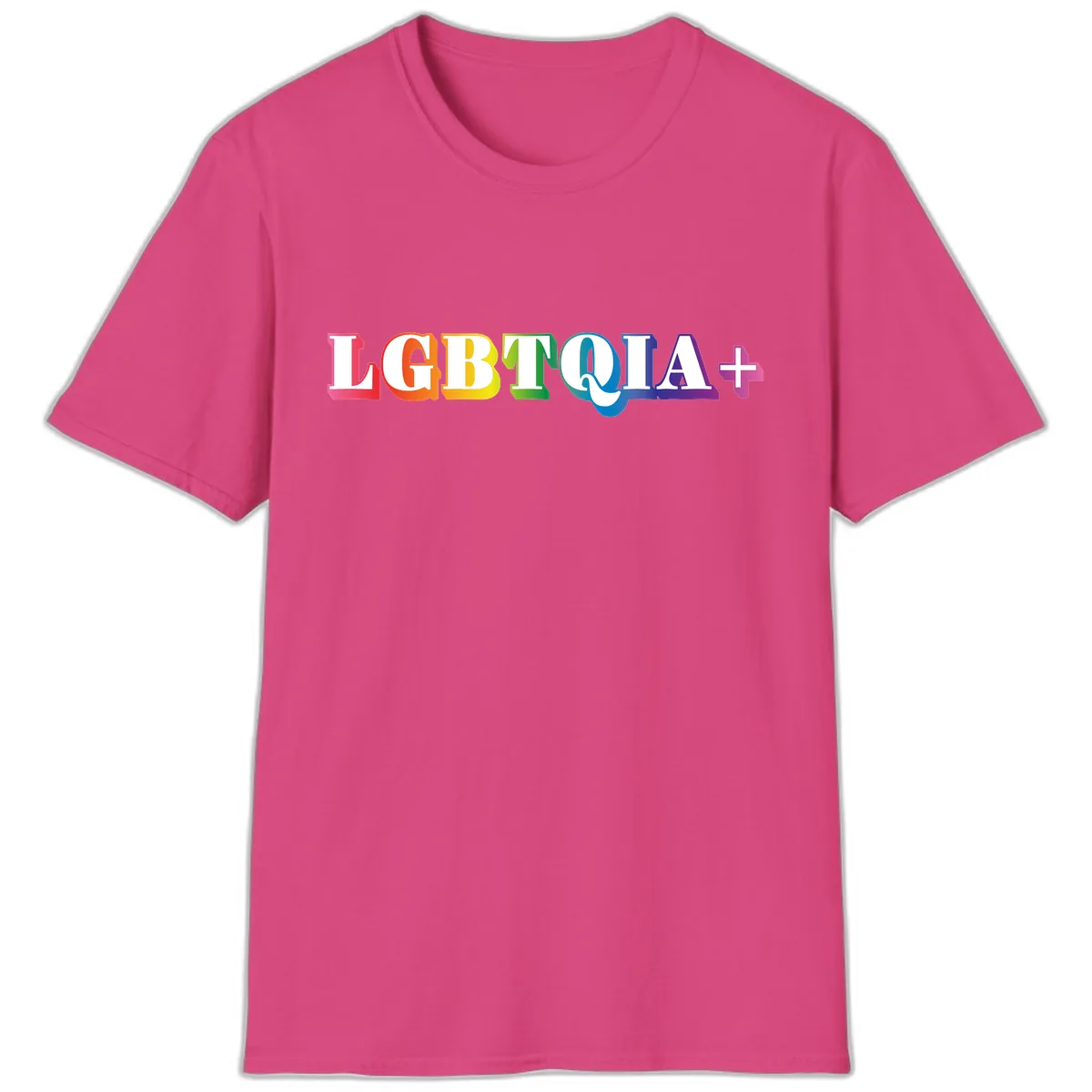 LGBTQIA Plus Pride Rainbow Text T-Shirt in Heliconia