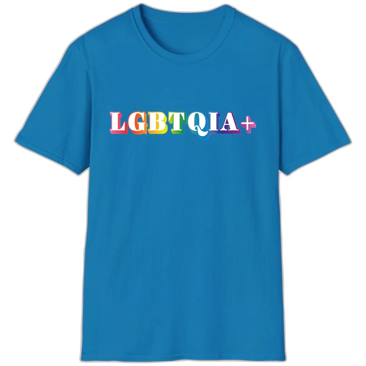 LGBTQIA Plus Pride Rainbow Text T-Shirt in Sapphire