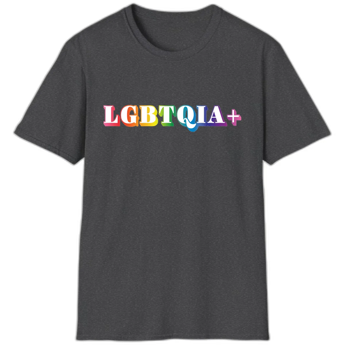 LGBTQIA Plus Pride Rainbow Text T-Shirt in Dark Heather
