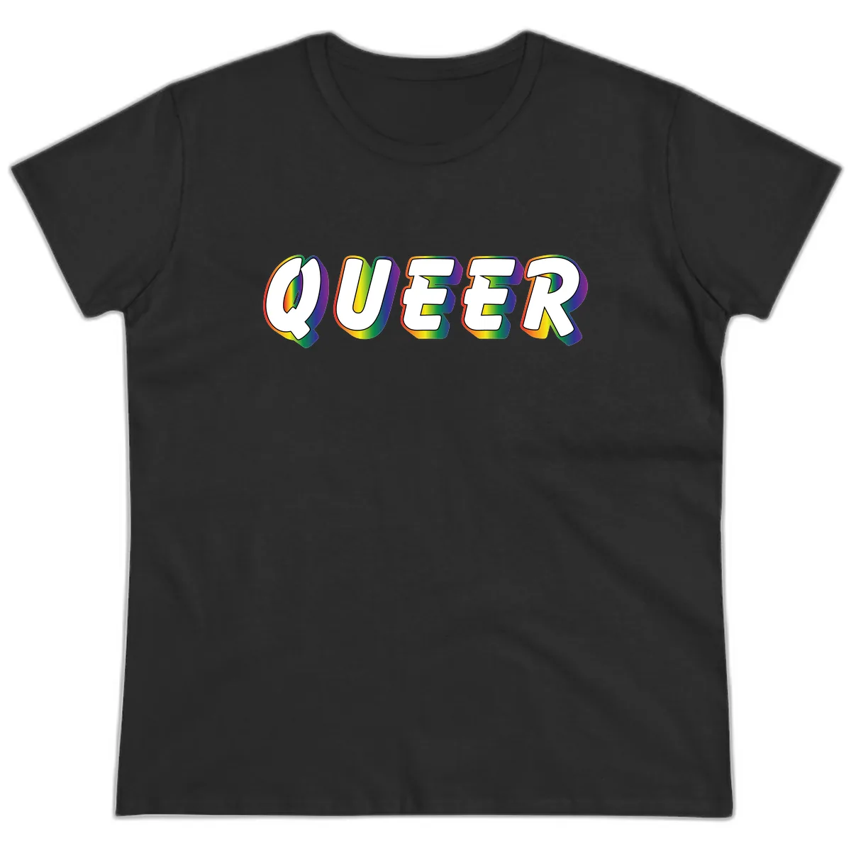 Queer Pride Rainbow Letter Design Ladies Tee in Black