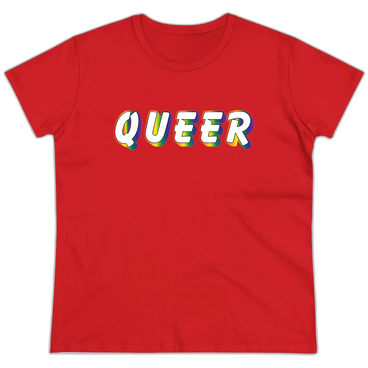 Queer Pride Rainbow Letter Design Ladies Tee in Red