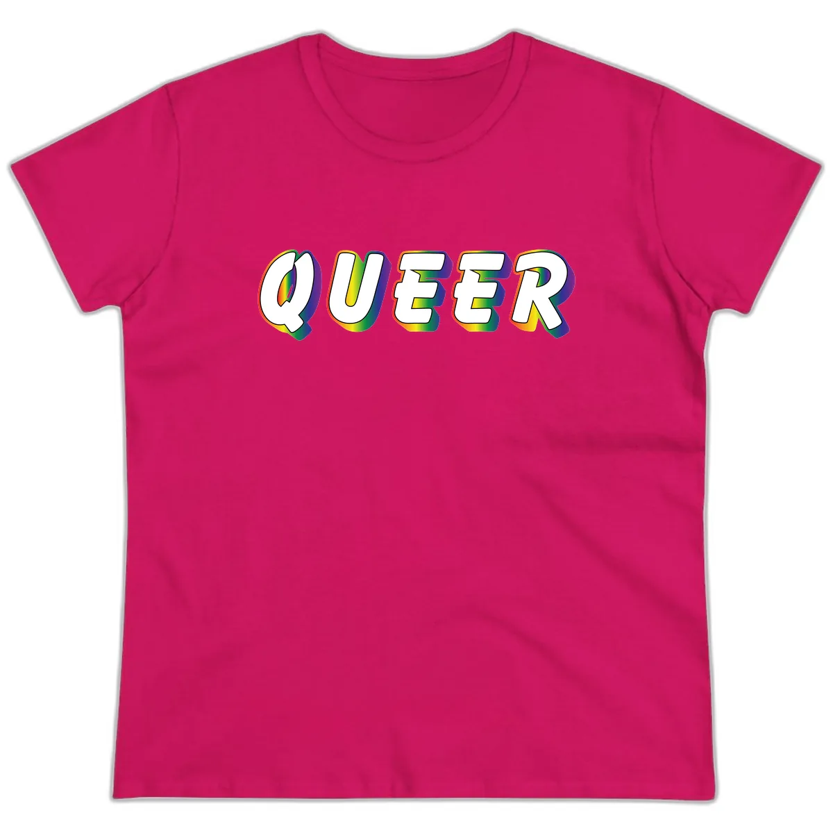 Queer Pride Rainbow Letter Design Ladies Tee in Heliconia