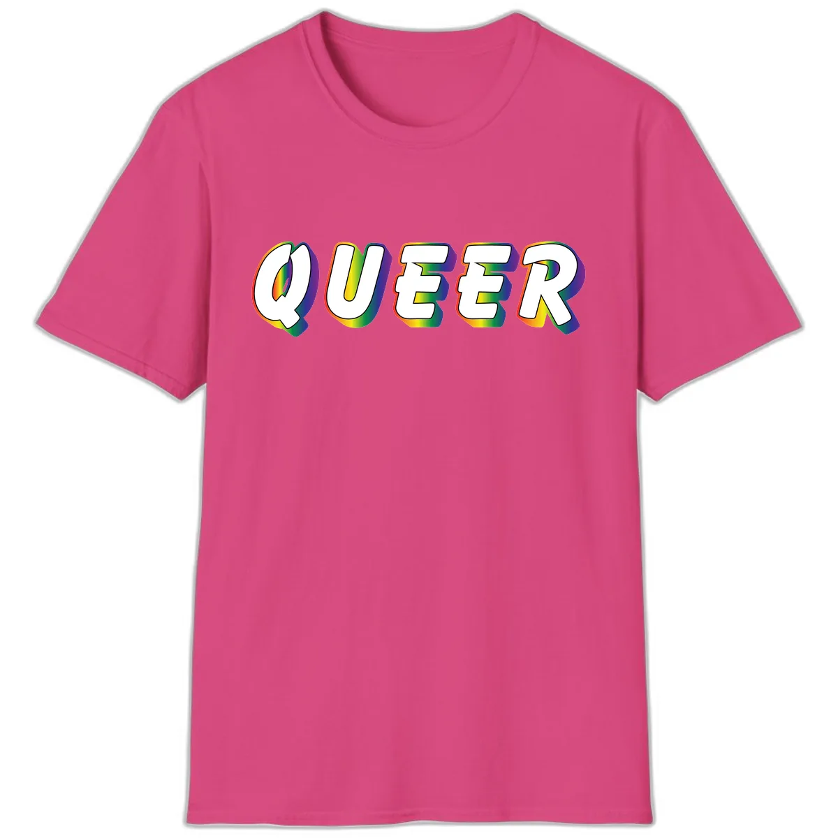 Queer Pride Rainbow Letter Design T-Shirt in Heliconia